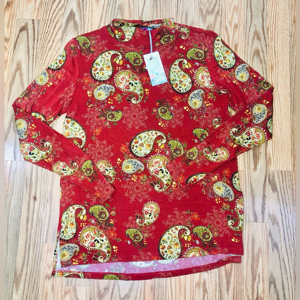 Johnny Was Small Red Paisley Lace Tee T-Shirt Floral Mock Neck Top $130 NEW NWT